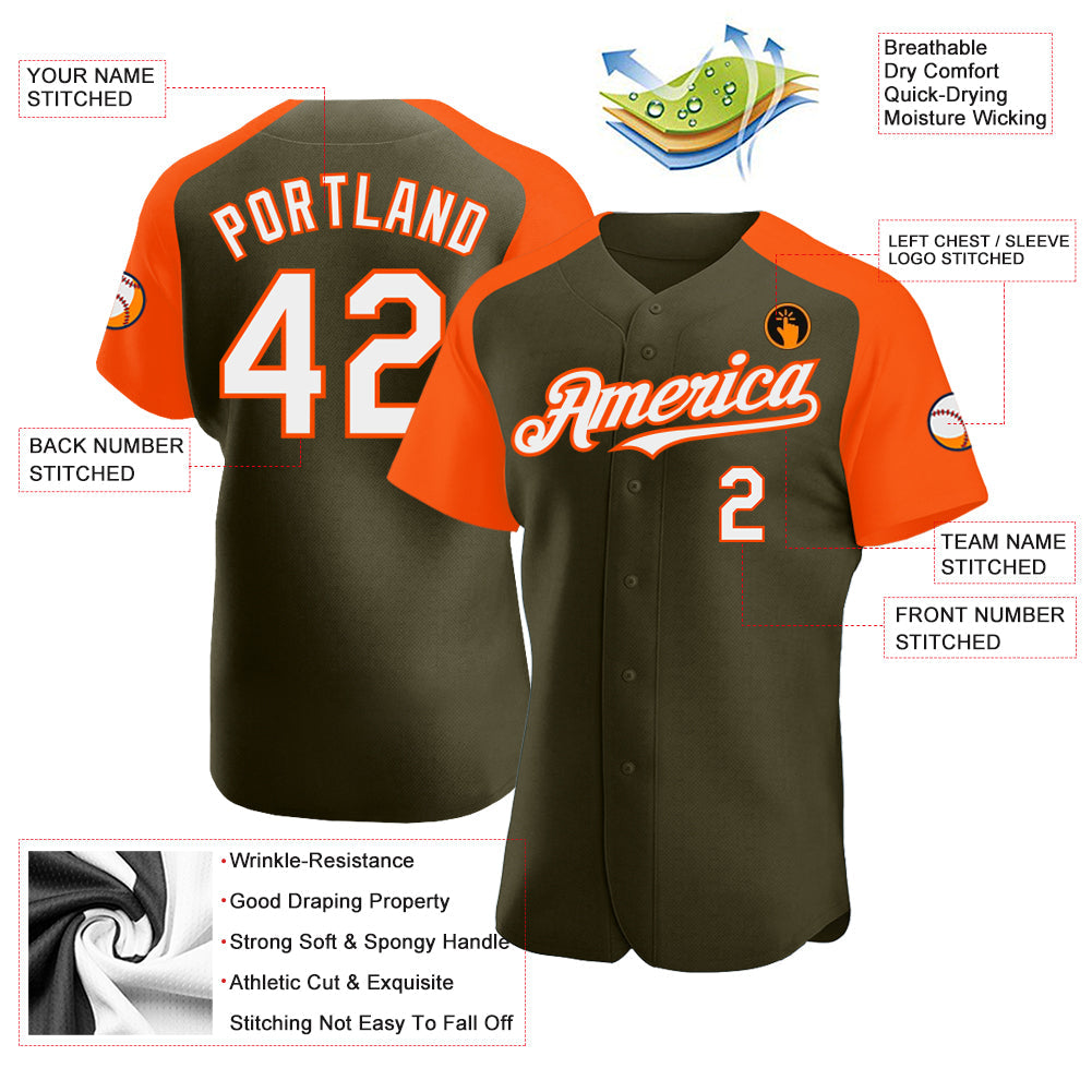 Custom Olive White-Orange Authentic Raglan Sleeves Salute To Service Baseball Jersey view 3