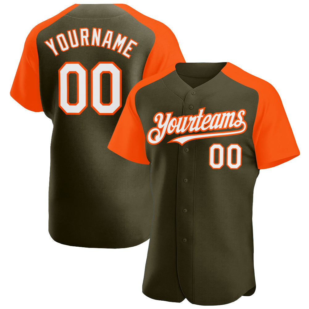 Custom Olive White-Orange Authentic Raglan Sleeves Salute To Service Baseball Jersey - Main View