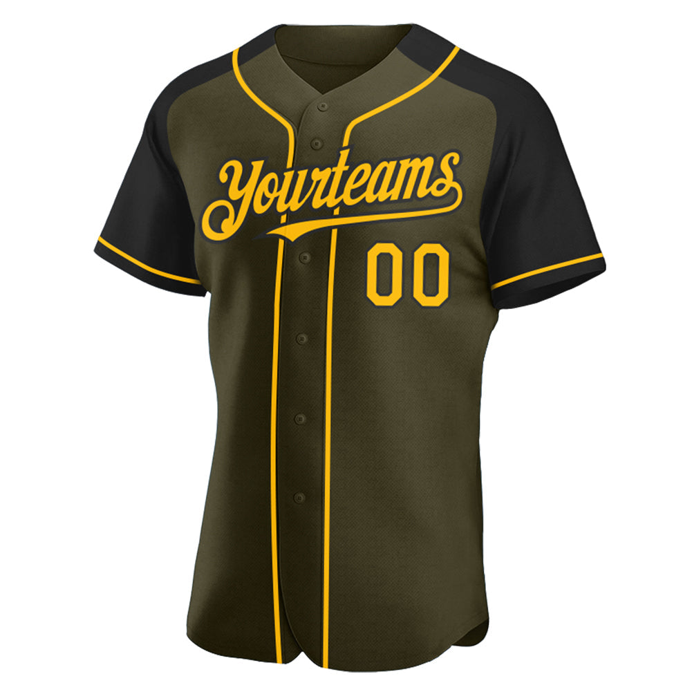 Custom Olive Gold-Black Authentic Raglan Sleeves Salute To Service Baseball Jersey view 2
