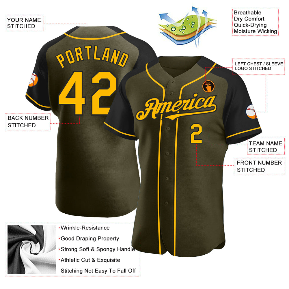 Custom Olive Gold-Black Authentic Raglan Sleeves Salute To Service Baseball Jersey view 3