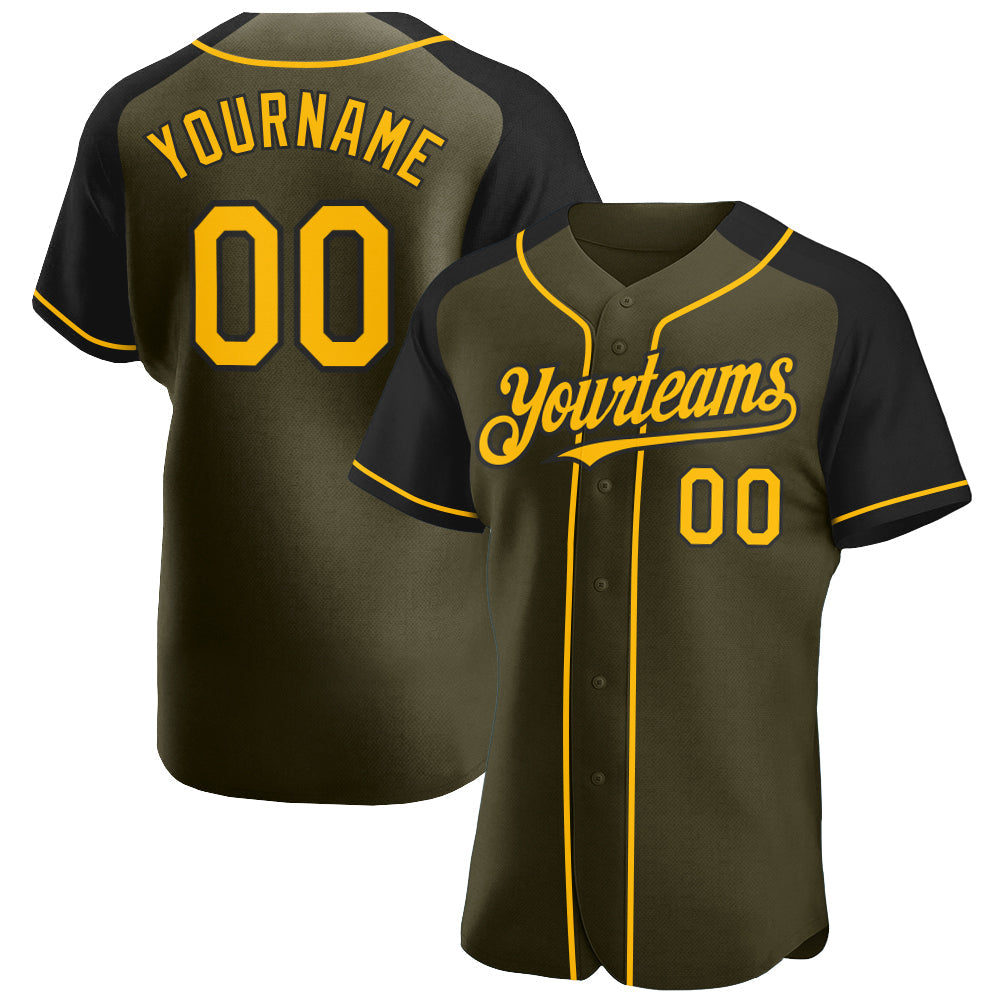 Custom Olive Gold-Black Authentic Raglan Sleeves Salute To Service Baseball Jersey - Main View