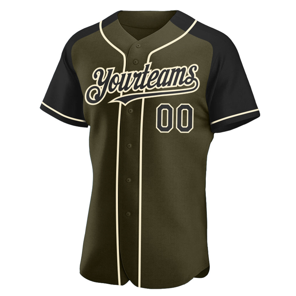 Custom Olive Black-Cream Authentic Raglan Sleeves Salute To Service Baseball Jersey view 2