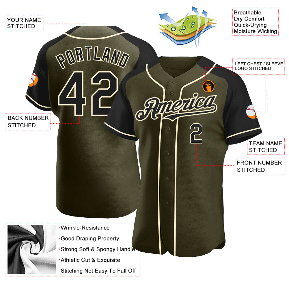Custom Olive Black-Cream Authentic Raglan Sleeves Salute To Service Baseball Jersey view 3