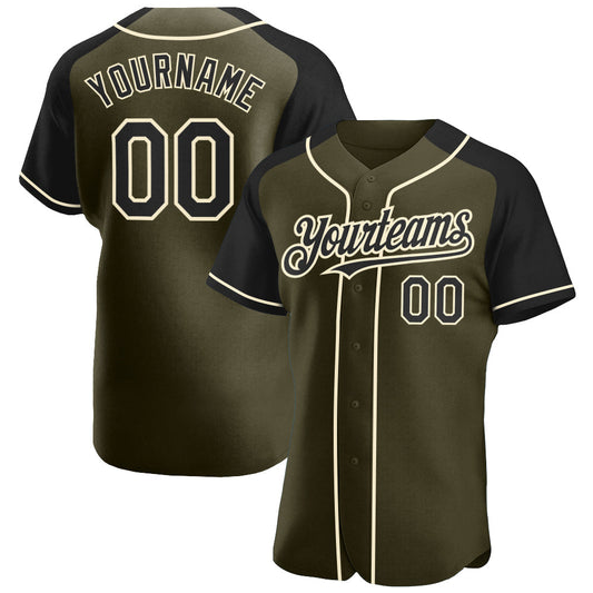 Custom Olive Black-Cream Authentic Raglan Sleeves Salute To Service Baseball Jersey - Main View
