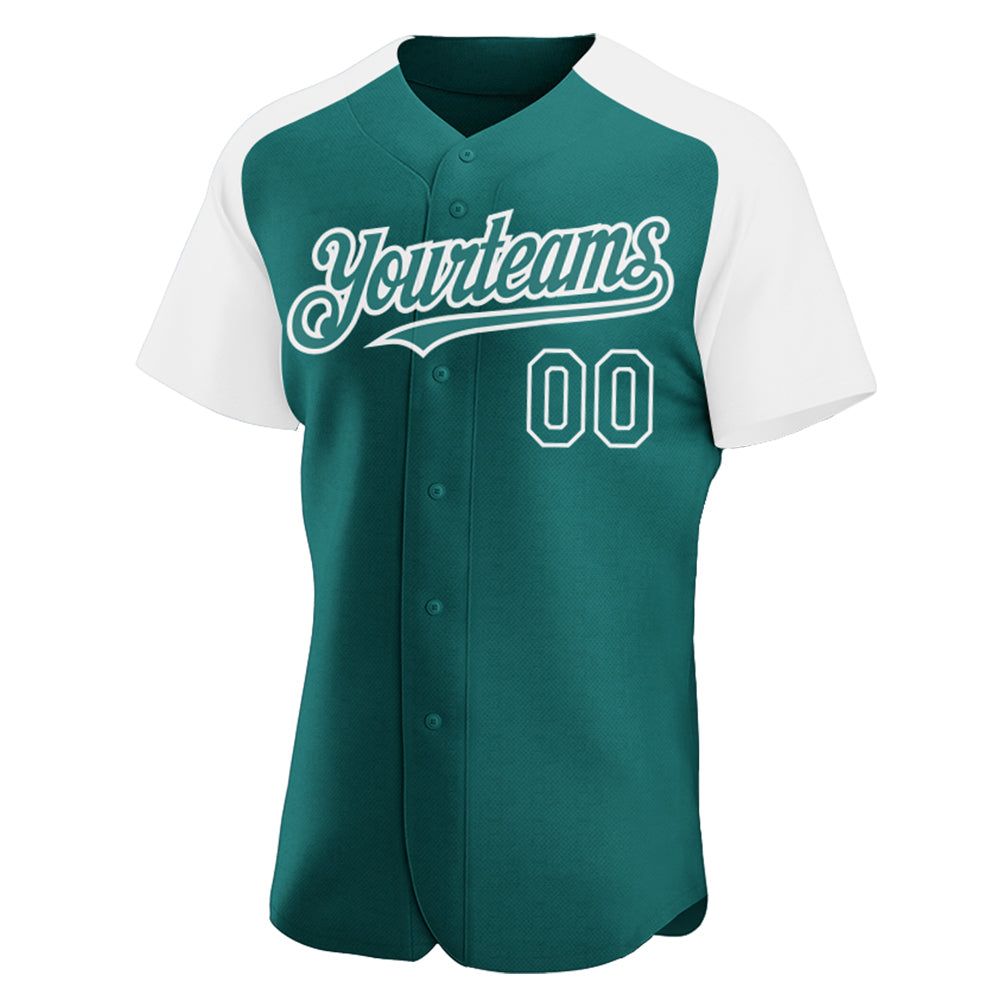 Custom Teal White Authentic Raglan Sleeves Baseball Jersey view 2