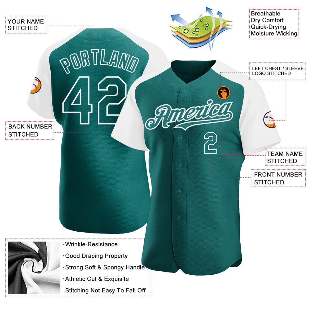 Custom Teal White Authentic Raglan Sleeves Baseball Jersey view 3