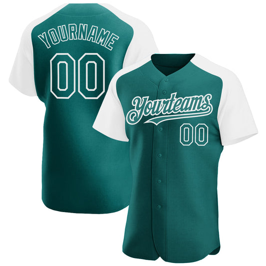 Custom Teal White Authentic Raglan Sleeves Baseball Jersey - Main View