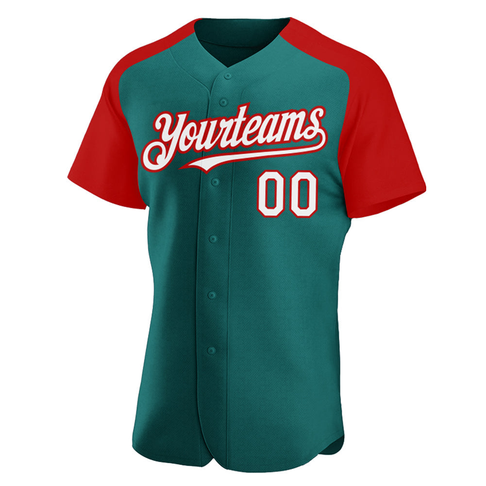Custom Teal White-Red Authentic Raglan Sleeves Baseball Jersey view 2