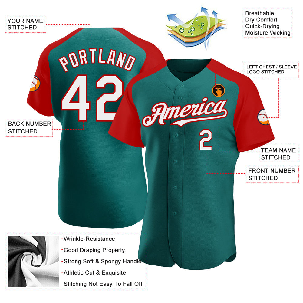 Custom Teal White-Red Authentic Raglan Sleeves Baseball Jersey view 3