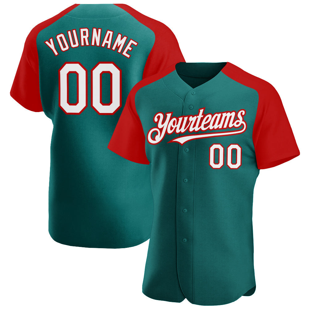 Custom Teal White-Red Authentic Raglan Sleeves Baseball Jersey - Main View