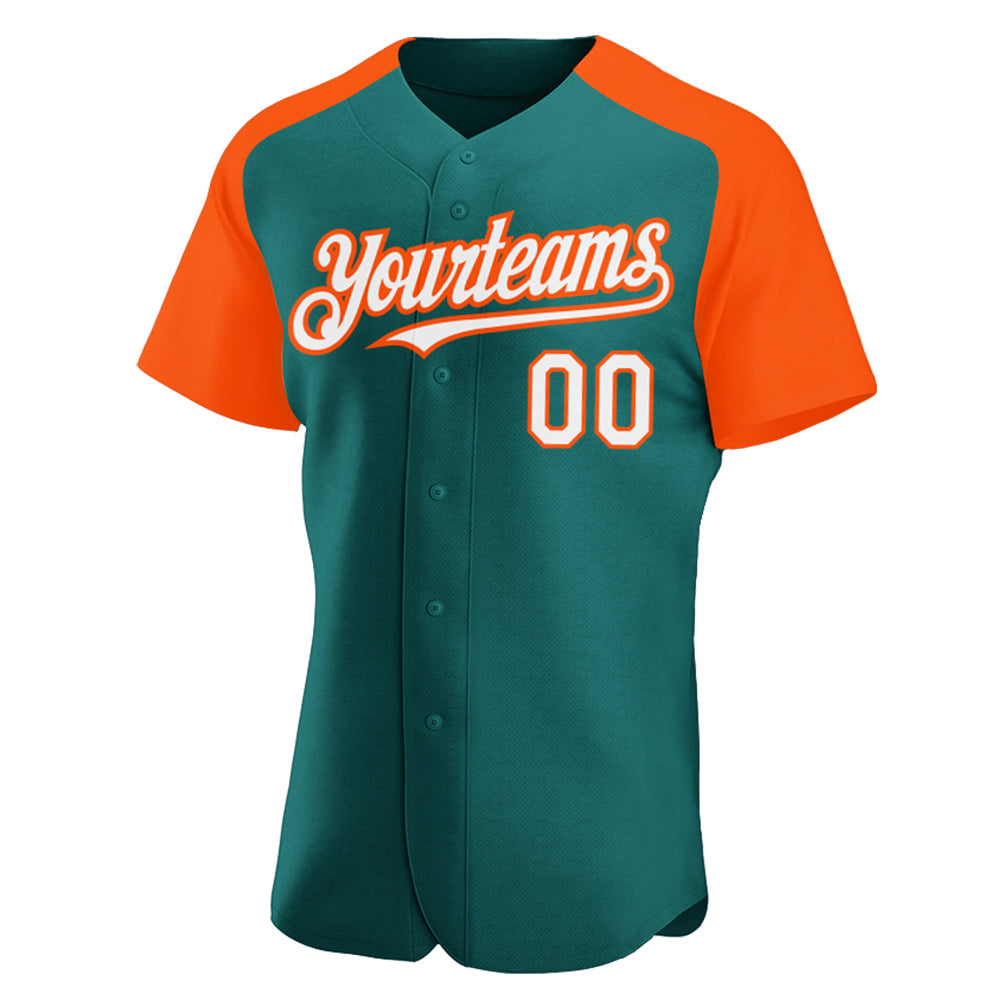 Custom Teal White-Orange Authentic Raglan Sleeves Baseball Jersey view 2