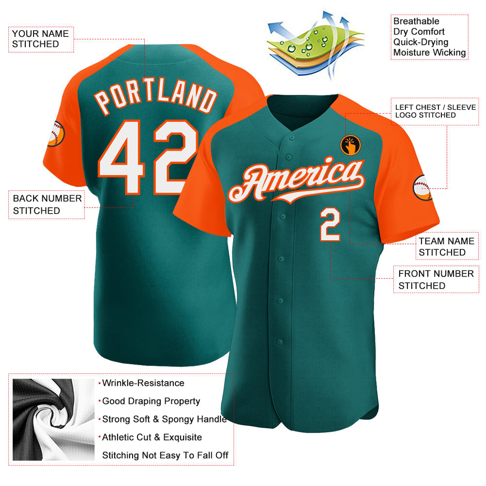 Custom Teal White-Orange Authentic Raglan Sleeves Baseball Jersey view 3