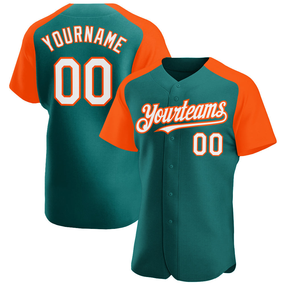 Custom Teal White-Orange Authentic Raglan Sleeves Baseball Jersey - Main View