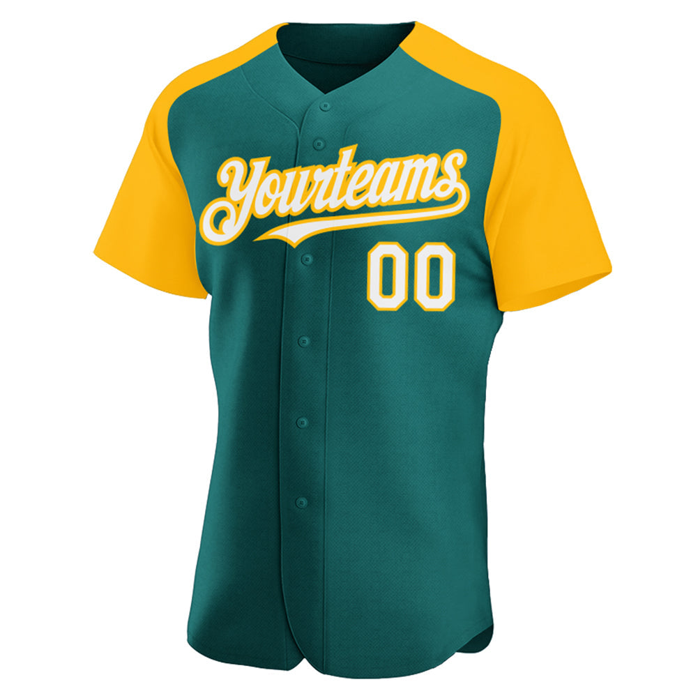 Custom Teal White-Gold Authentic Raglan Sleeves Baseball Jersey view 2