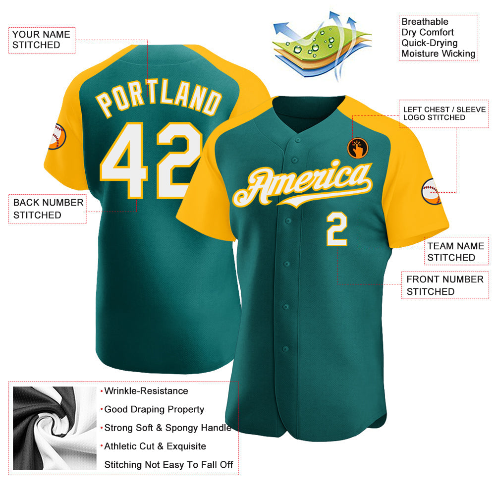 Custom Teal White-Gold Authentic Raglan Sleeves Baseball Jersey view 3
