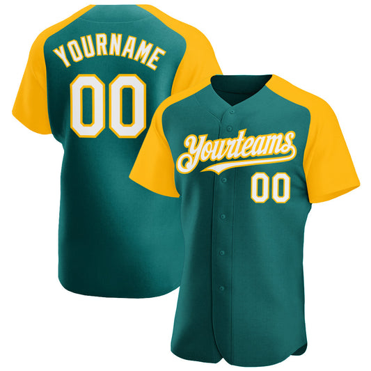 Custom Teal White-Gold Authentic Raglan Sleeves Baseball Jersey - Main View
