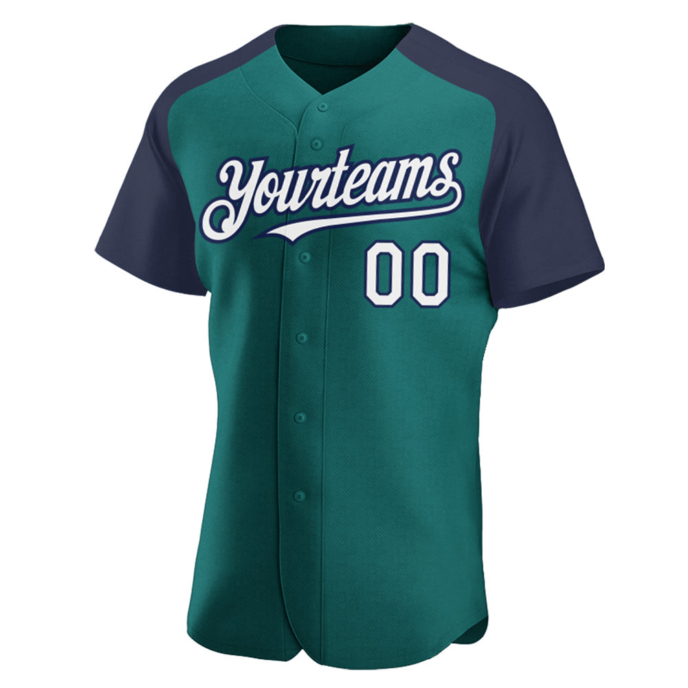Custom Teal White-Navy Authentic Raglan Sleeves Baseball Jersey view 2