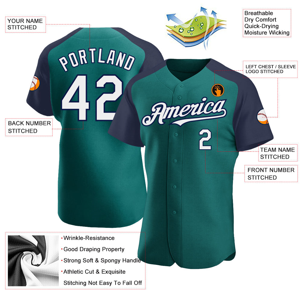 Custom Teal White-Navy Authentic Raglan Sleeves Baseball Jersey view 3
