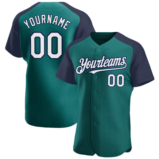 Custom Teal White-Navy Authentic Raglan Sleeves Baseball Jersey - Main View