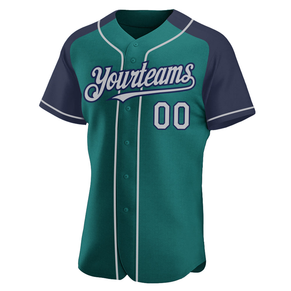 Custom Teal Gray-Navy Authentic Raglan Sleeves Baseball Jersey view 2