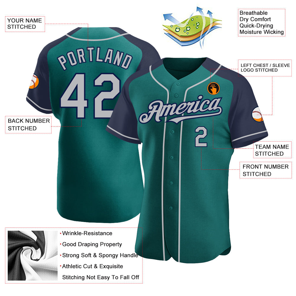 Custom Teal Gray-Navy Authentic Raglan Sleeves Baseball Jersey view 3