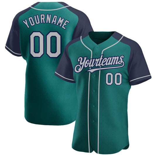 Custom Teal Gray-Navy Authentic Raglan Sleeves Baseball Jersey - Main View