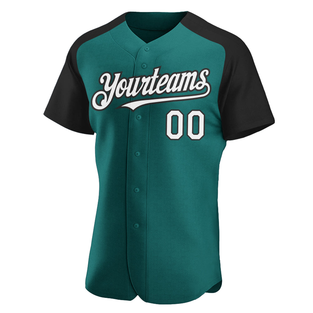 Custom Teal White-Black Authentic Raglan Sleeves Baseball Jersey view 2