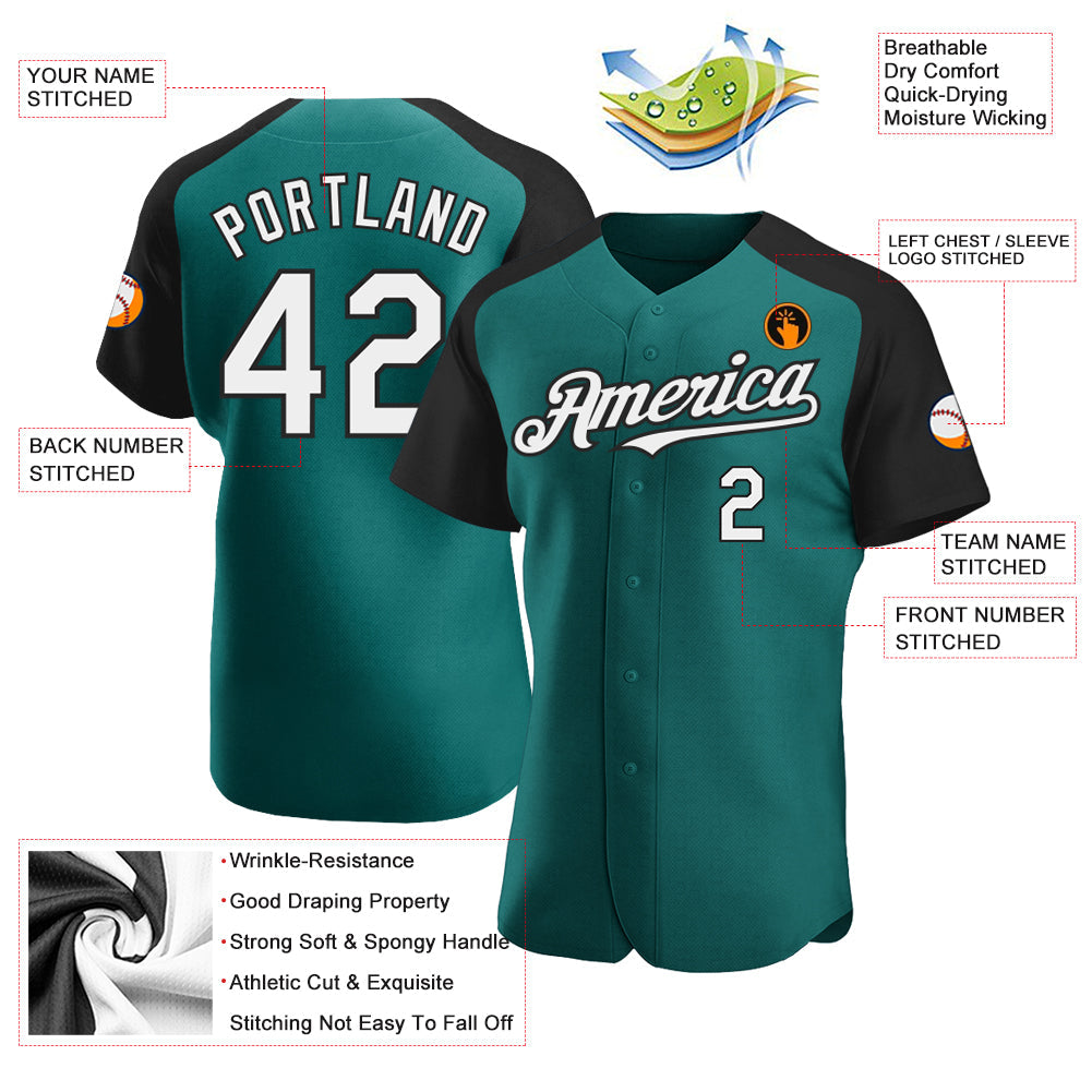Custom Teal White-Black Authentic Raglan Sleeves Baseball Jersey view 3