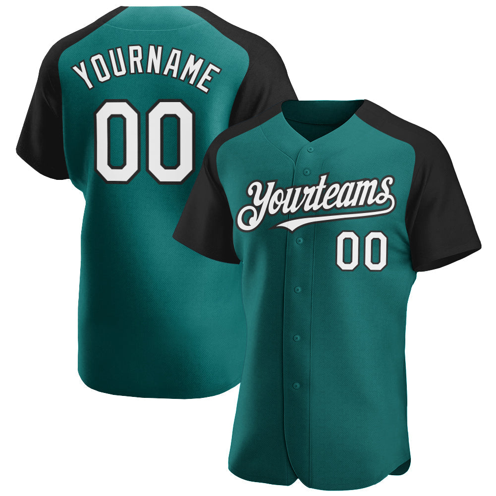 Custom Teal White-Black Authentic Raglan Sleeves Baseball Jersey - Main View