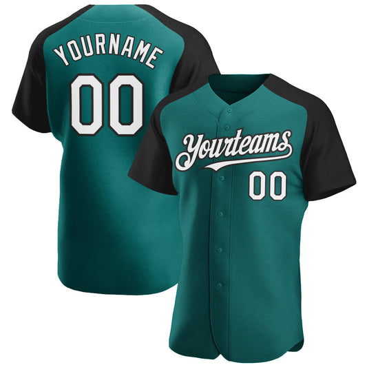 Custom Teal White-Black Authentic Raglan Sleeves Baseball Jersey - Main View
