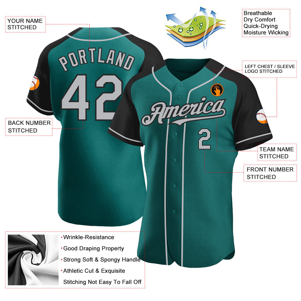Custom Teal Gray-Black Authentic Raglan Sleeves Baseball Jersey view 3