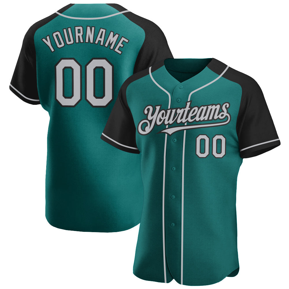 Custom Teal Gray-Black Authentic Raglan Sleeves Baseball Jersey - Main View