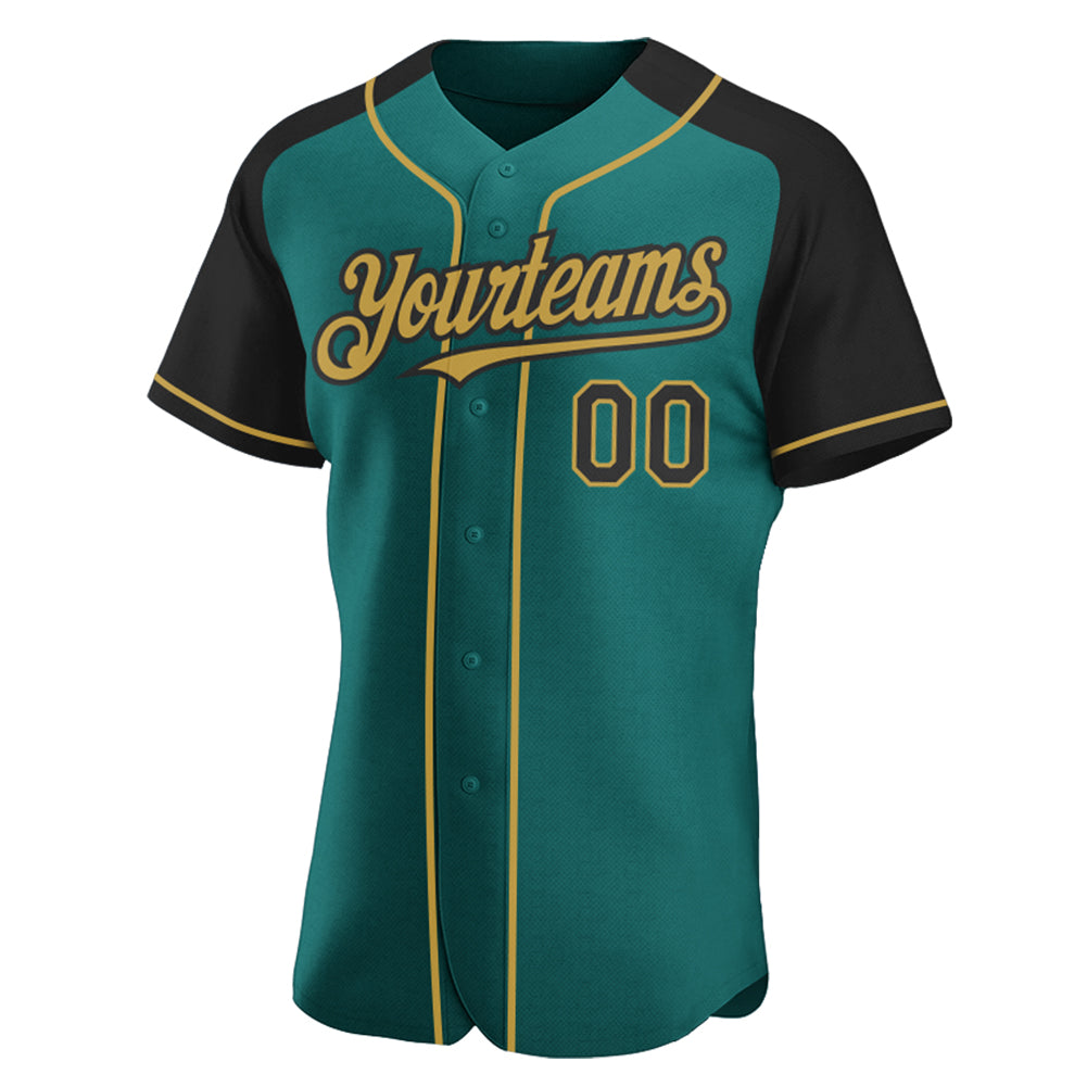 Custom Teal Black-Old Gold Authentic Raglan Sleeves Baseball Jersey view 2
