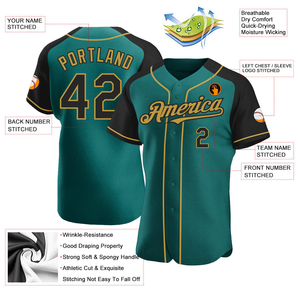 Custom Teal Black-Old Gold Authentic Raglan Sleeves Baseball Jersey view 3