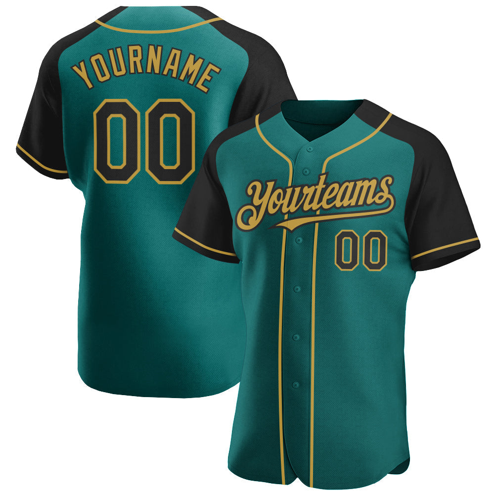 Custom Teal Black-Old Gold Authentic Raglan Sleeves Baseball Jersey - Main View