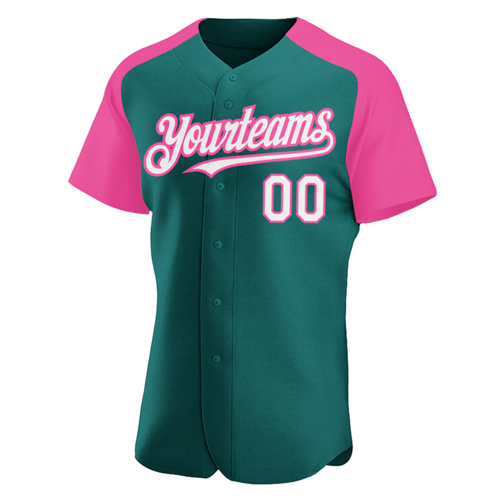 Custom Teal White-Pink Authentic Raglan Sleeves Baseball Jersey view 2