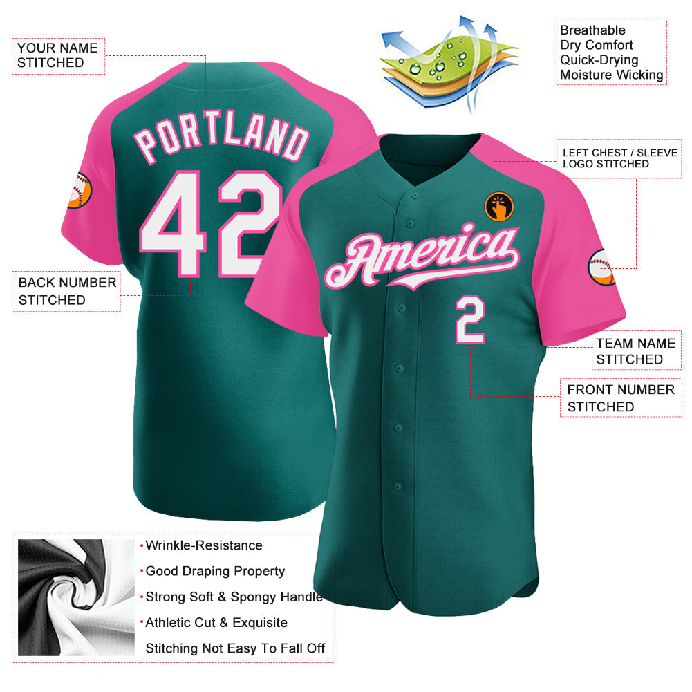 Custom Teal White-Pink Authentic Raglan Sleeves Baseball Jersey view 3