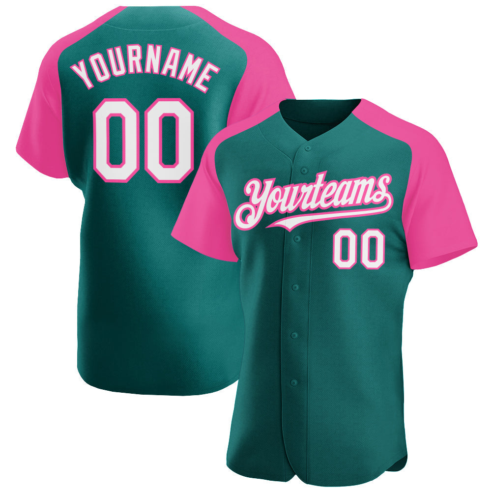 Custom Teal White-Pink Authentic Raglan Sleeves Baseball Jersey - Main View
