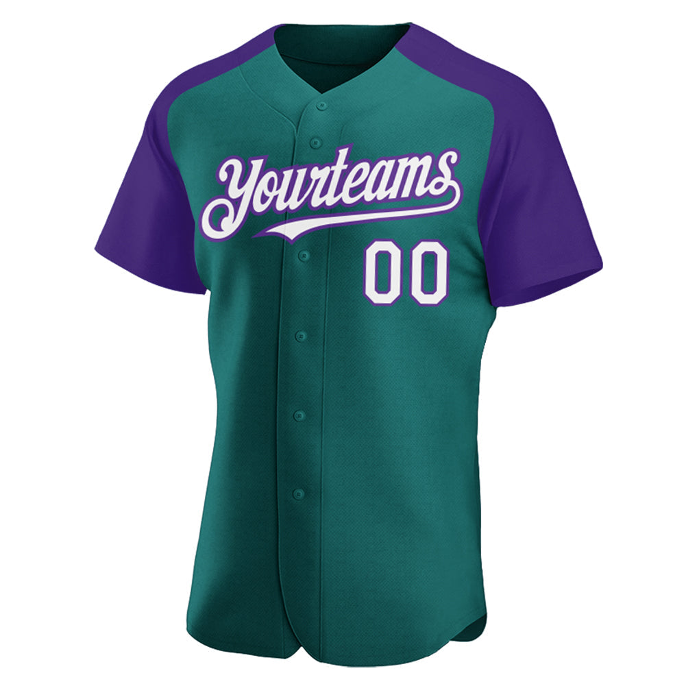 Custom Teal White-Purple Authentic Raglan Sleeves Baseball Jersey view 2