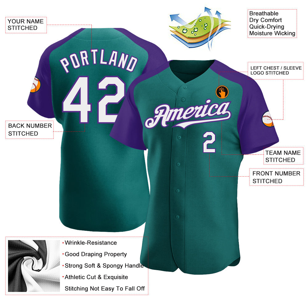 Custom Teal White-Purple Authentic Raglan Sleeves Baseball Jersey view 3
