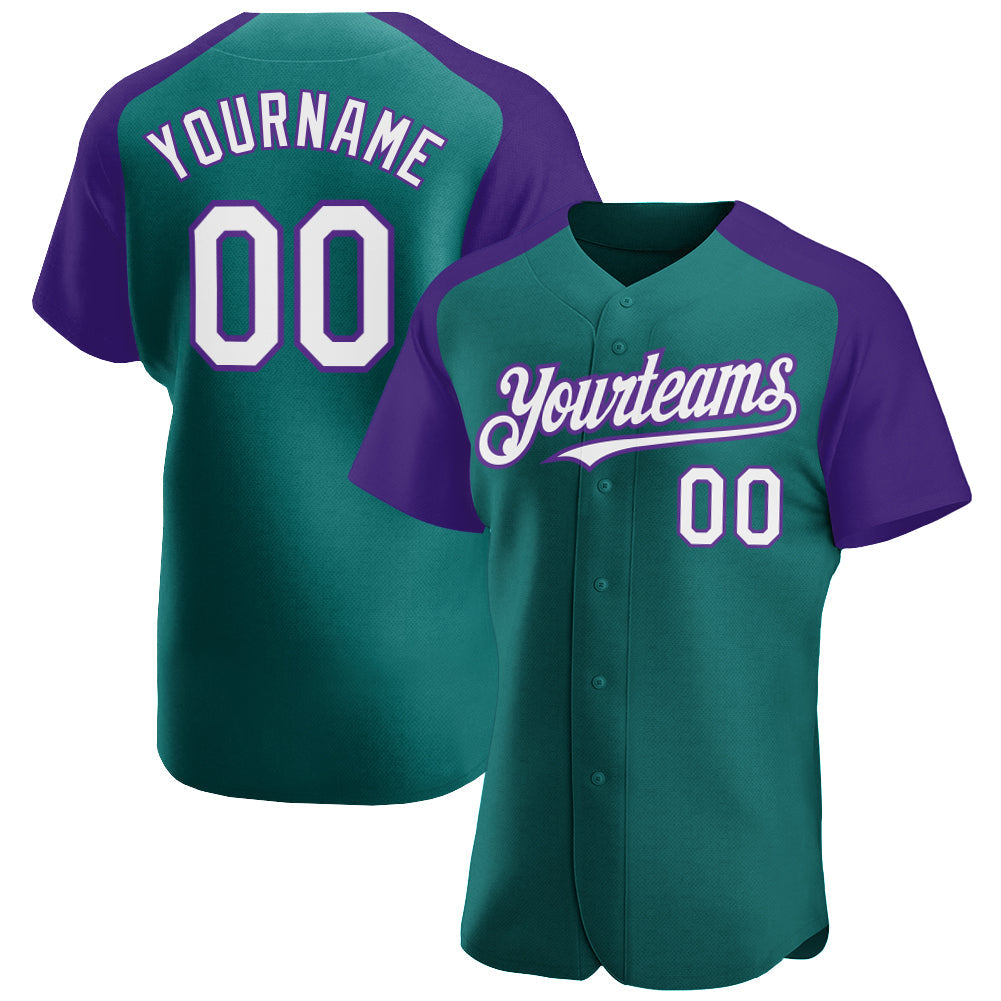 Custom Teal White-Purple Authentic Raglan Sleeves Baseball Jersey - Main View