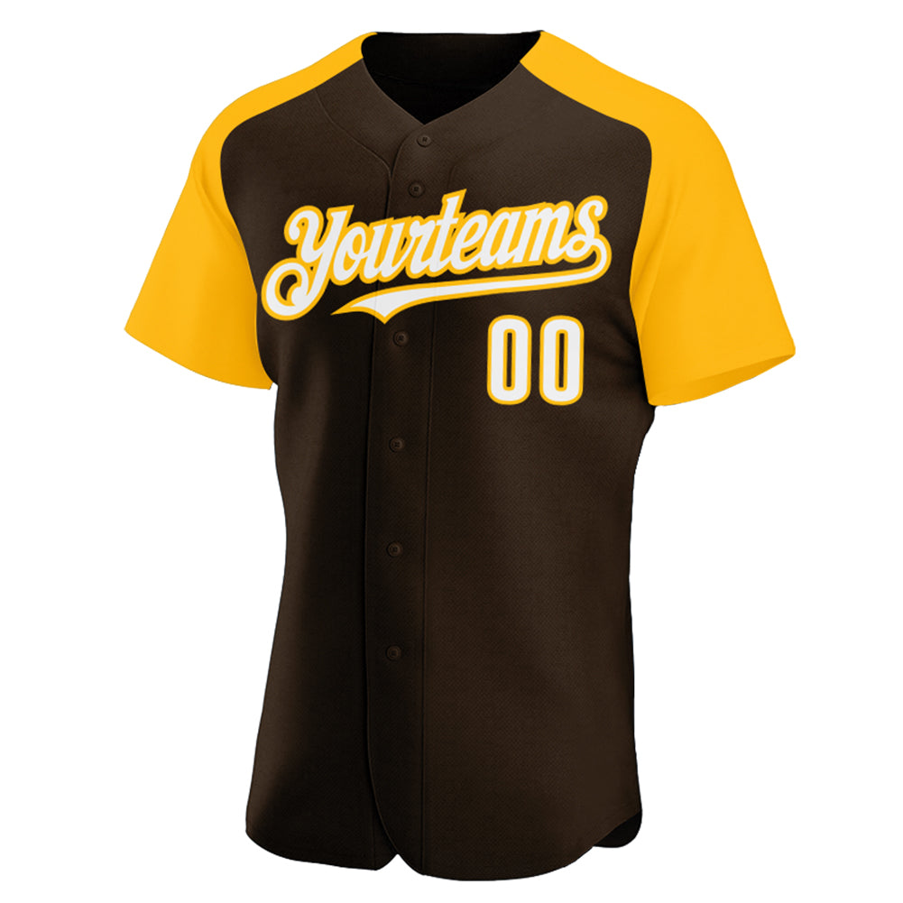 Custom Brown White-Gold Authentic Raglan Sleeves Baseball Jersey view 2