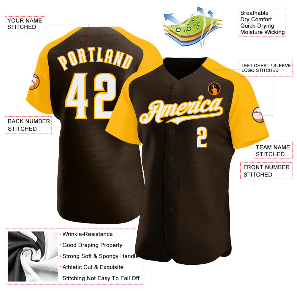 Custom Brown White-Gold Authentic Raglan Sleeves Baseball Jersey view 3