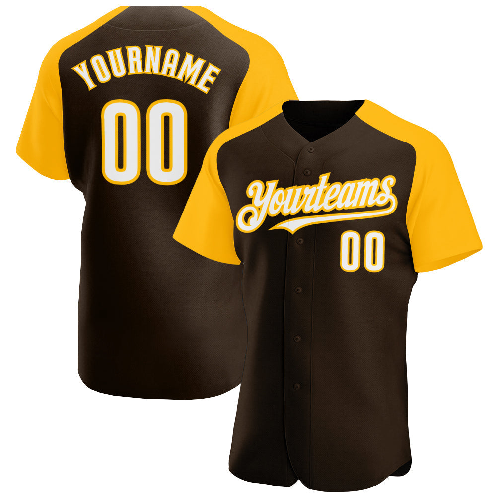 Custom Brown White-Gold Authentic Raglan Sleeves Baseball Jersey - Main View