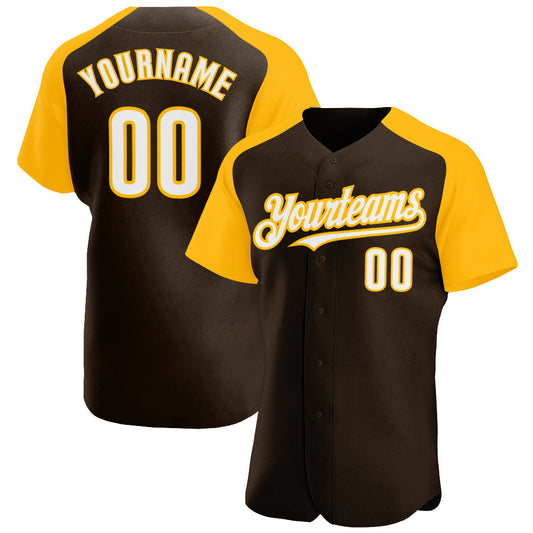 Custom Brown White-Gold Authentic Raglan Sleeves Baseball Jersey - Main View