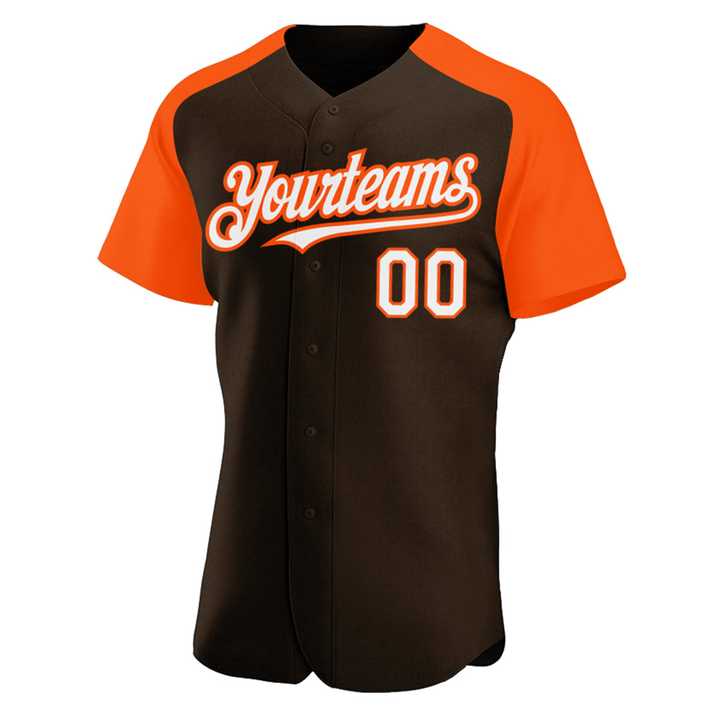 Custom Brown White-Orange Authentic Raglan Sleeves Baseball Jersey view 2