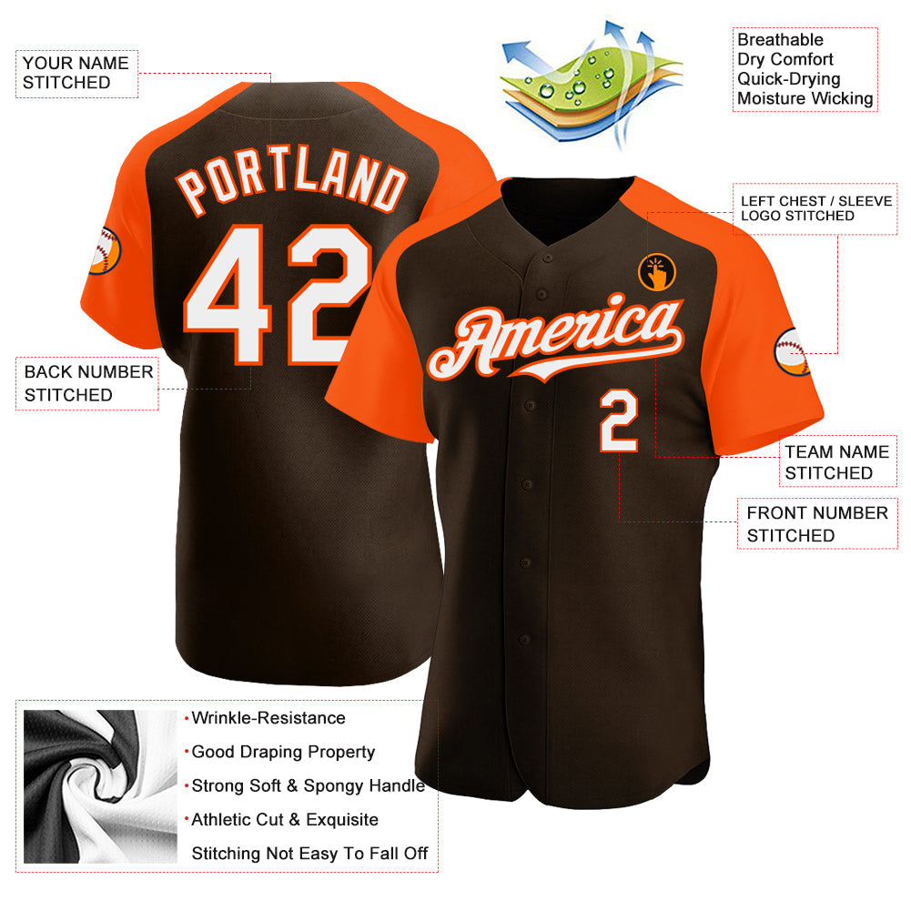Custom Brown White-Orange Authentic Raglan Sleeves Baseball Jersey view 3