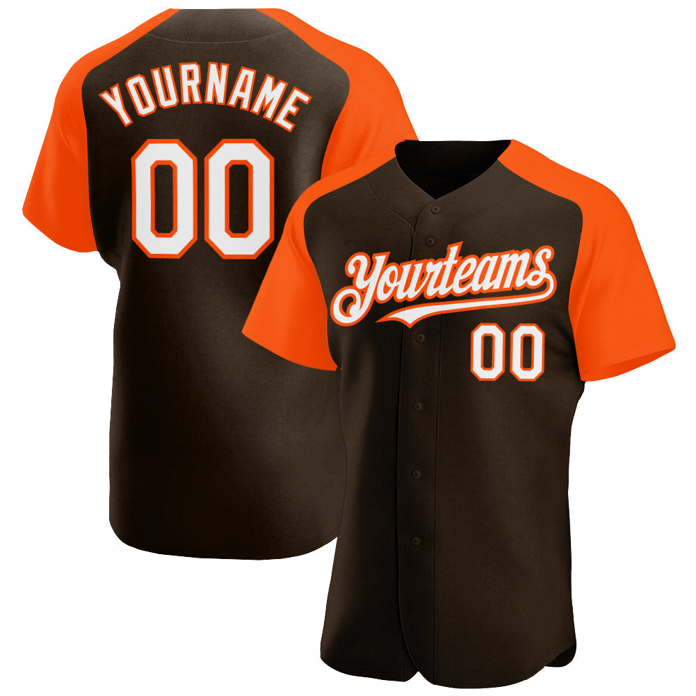Custom Brown White-Orange Authentic Raglan Sleeves Baseball Jersey - Main View