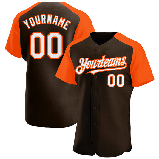Custom Brown White-Orange Authentic Raglan Sleeves Baseball Jersey - Main View