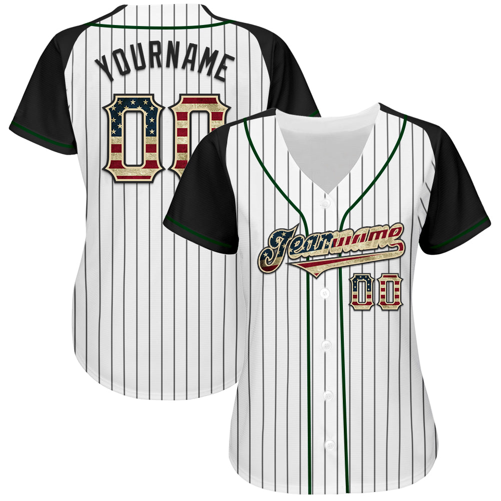 Custom White Black Pinstripe Vintage USA Flag Cream-Green Authentic Raglan Sleeves Baseball Jersey view 2